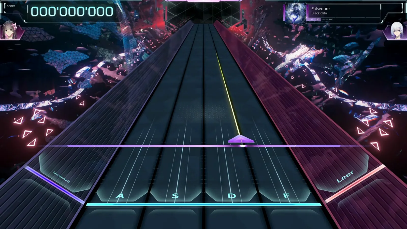 In Falsus highway view at the start of the Falsequre ULT 10 chart with empty A S D F lanes, German Umschalt and Leer side keys and the score at 000'000'000