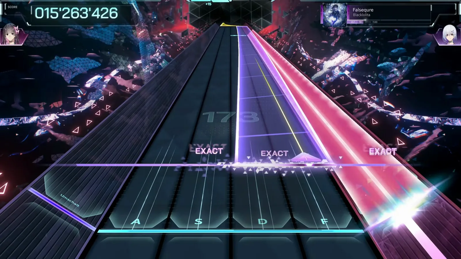 In Falsus Falsequre ULT 10 chart with twin purple and pink hold beams running in parallel while the judgement line posts three EXACT hits