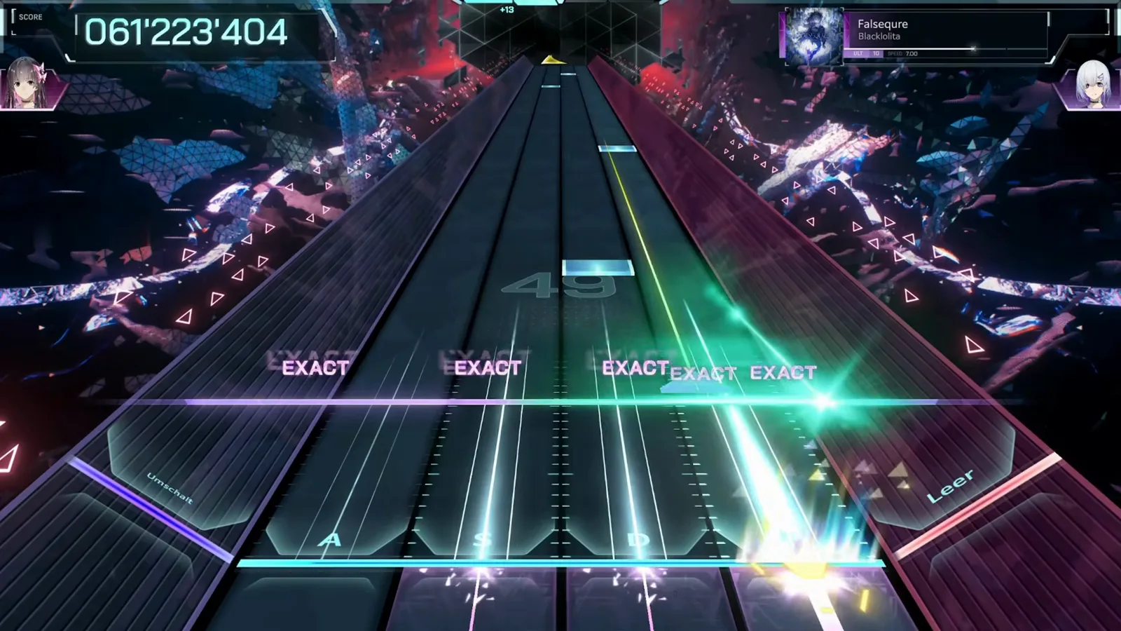 In Falsus Falsequre ULT 10 gameplay with crossing green beams and a yellow burst firing toward the side lanes around the song's two-minute mark