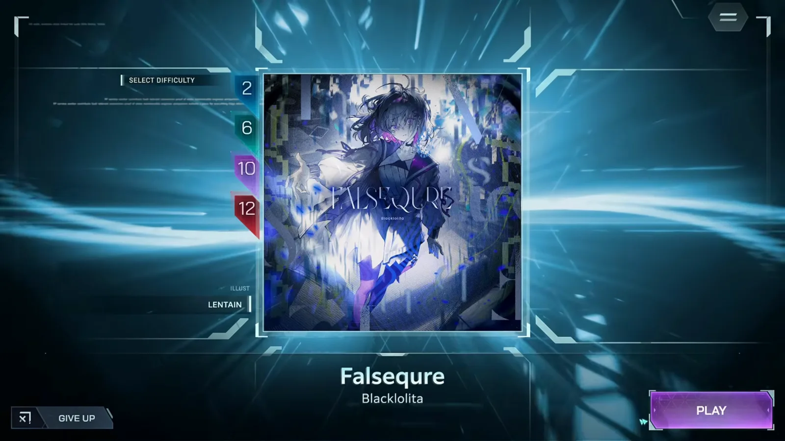 In Falsus song select screen for Falsequre by Blacklolita, SELECT DIFFICULTY rail reading 2 6 10 12 with the purple 10 badge picked for the ULTIMATE chart