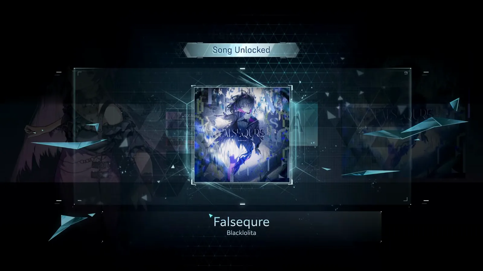 In Falsus Song Unlocked banner greeting the Falsequre clear, the glitch-art jacket framed by teal hexagon shards