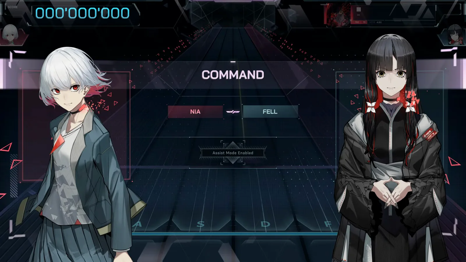 COMMANDパートナー選択 In FalsusのFBD 15ダイブ前のCOMMANDパートナー選択:NIAとFELLのキャラクターが選択画面で向かい合う