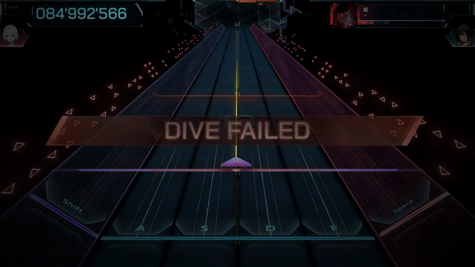 DIVE FAILEDバナー In Falsus FBD 15の試行の結末:スコア084'992'566、MISSゲージ-14の空になった画面にDIVE FAILEDバナーが降りる