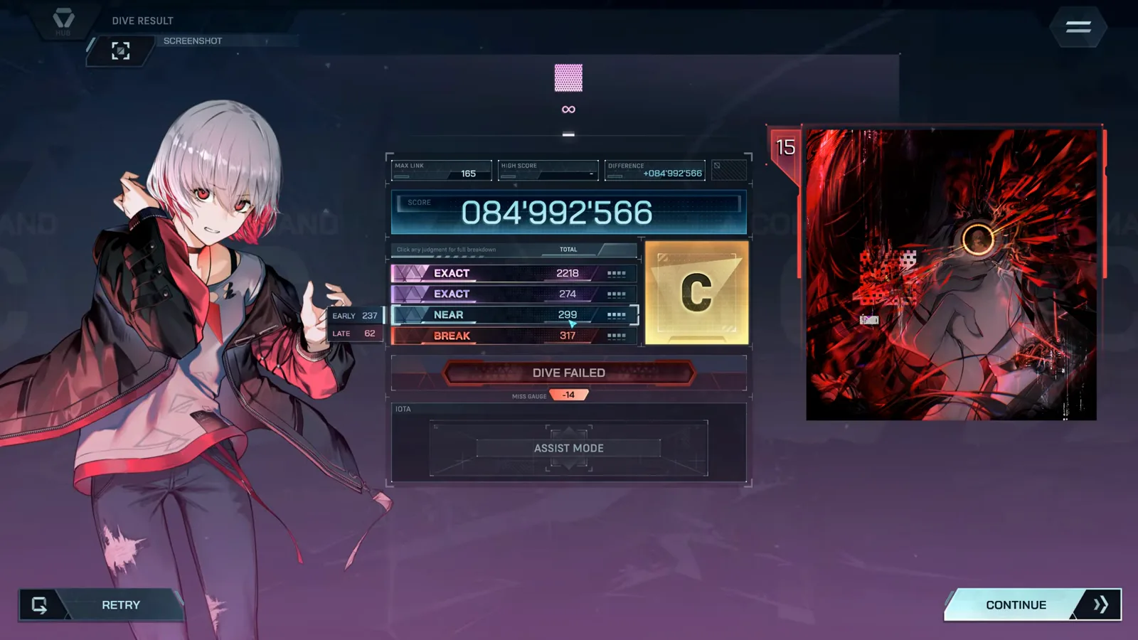 リザルト · ランクC In Falsus FBD 15のリザルト画面:ランクC、084'992'566、EXACT 2,218 + 274、NEAR 299、BREAK 317、MAX LINK 165、MISS GAUGE -14が並ぶ
