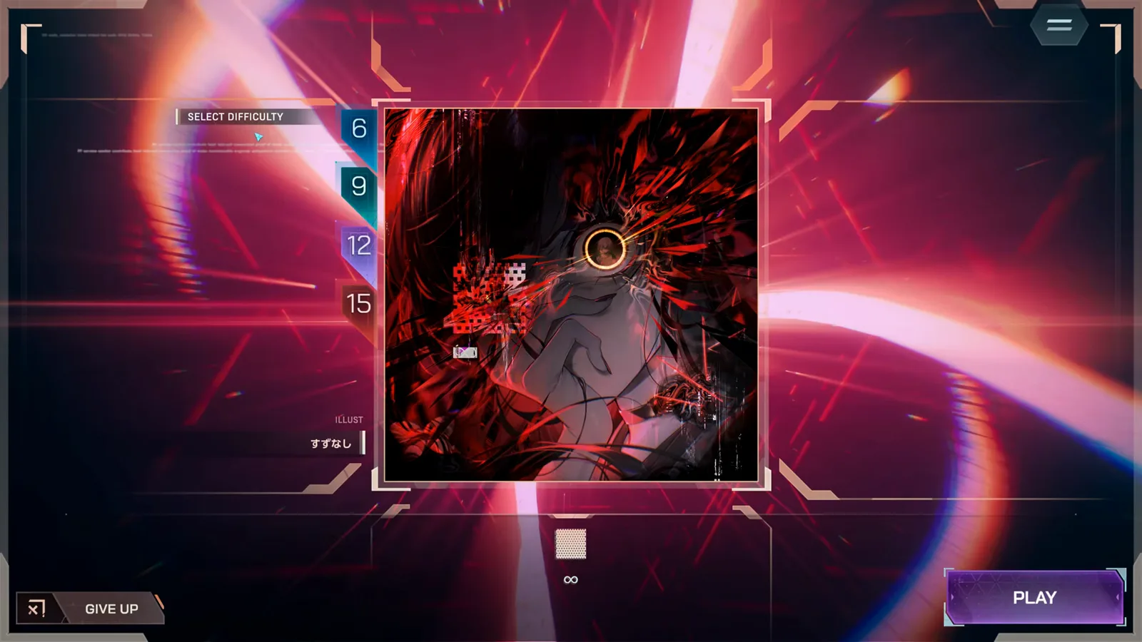 楽曲選択 · マスクされたFBD 15 In Falsusの楽曲選択画面:隠し曲FBD 15のエントリが曲名を▓でマスクして並び、PLAYボタンの上にMIN 6、EVO 9、ULT 12、FBD 15の難易度レールが伸びる