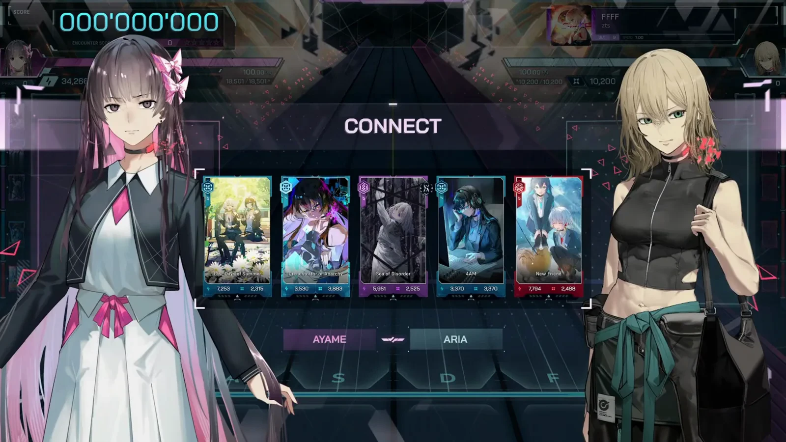 The CONNECT deck, five cards In Falsus FFFF ULT 9 CONNECT loadout screen with AYAME and ARIA flanking five named cards before the dive starts