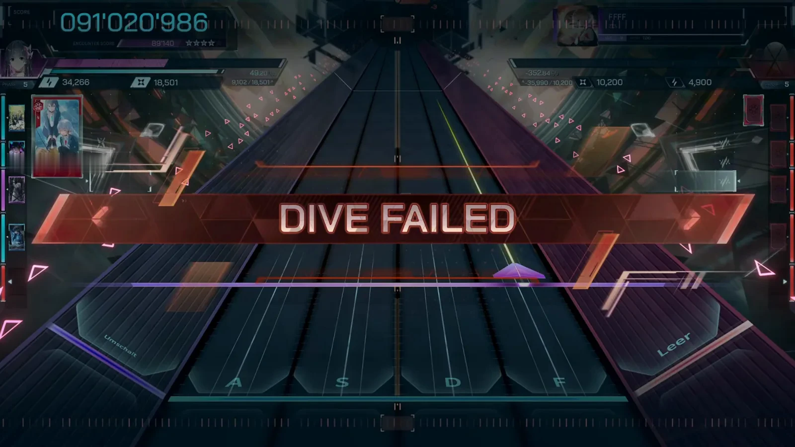 The DIVE FAILED banner In Falsus DIVE FAILED banner over the emptied highway after the FFFF ULT 9 dive freezes at 091'020'986