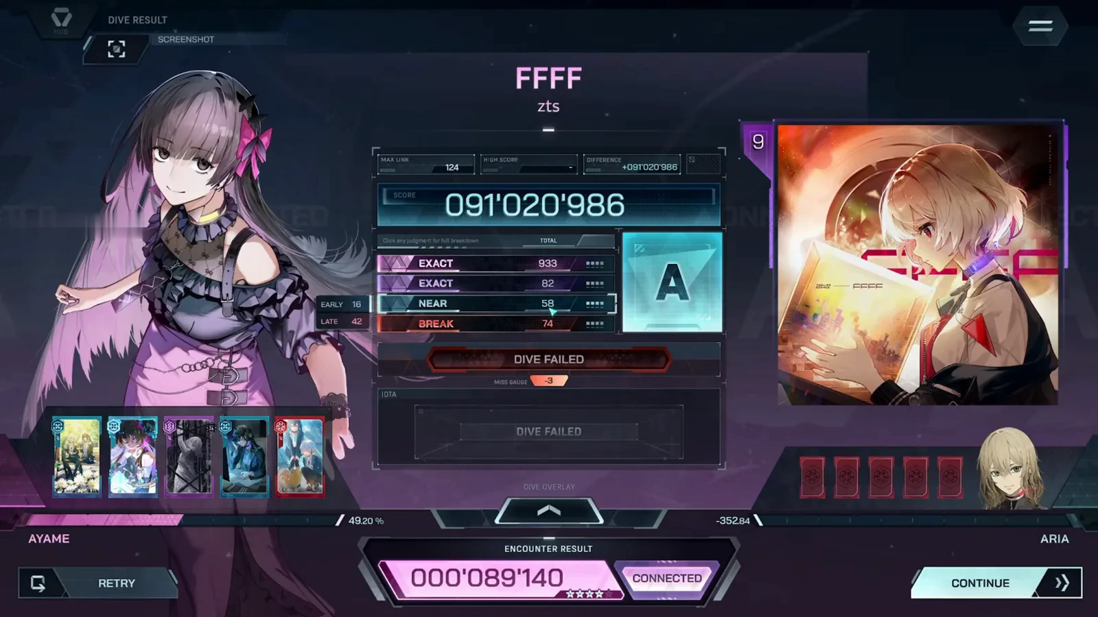 The settled result card In Falsus FFFF ULT 9 result card with EXACT 933 + 82, NEAR 58, BREAK 74, rank A, MAX LINK 124 and a CONNECTED encounter chip at 000'089'140