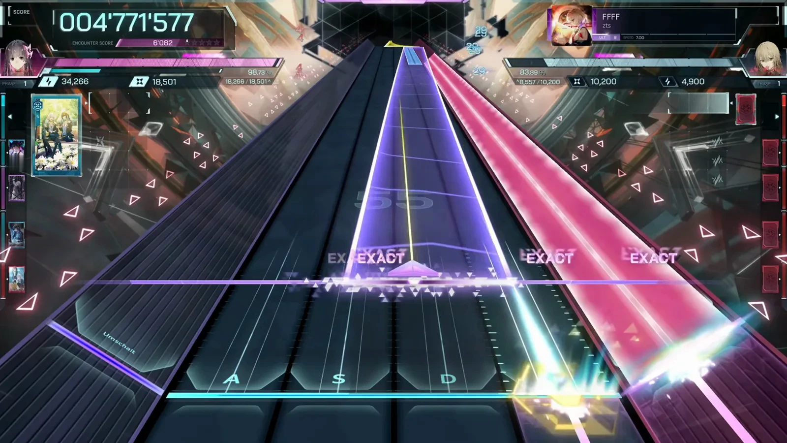 Dual beams and a flick burst In Falsus FFFF ULT 9 dual beams in violet and pink with a cyan-white flick burst over a gold hexagon at the bottom edge, HUD at 004'771'577