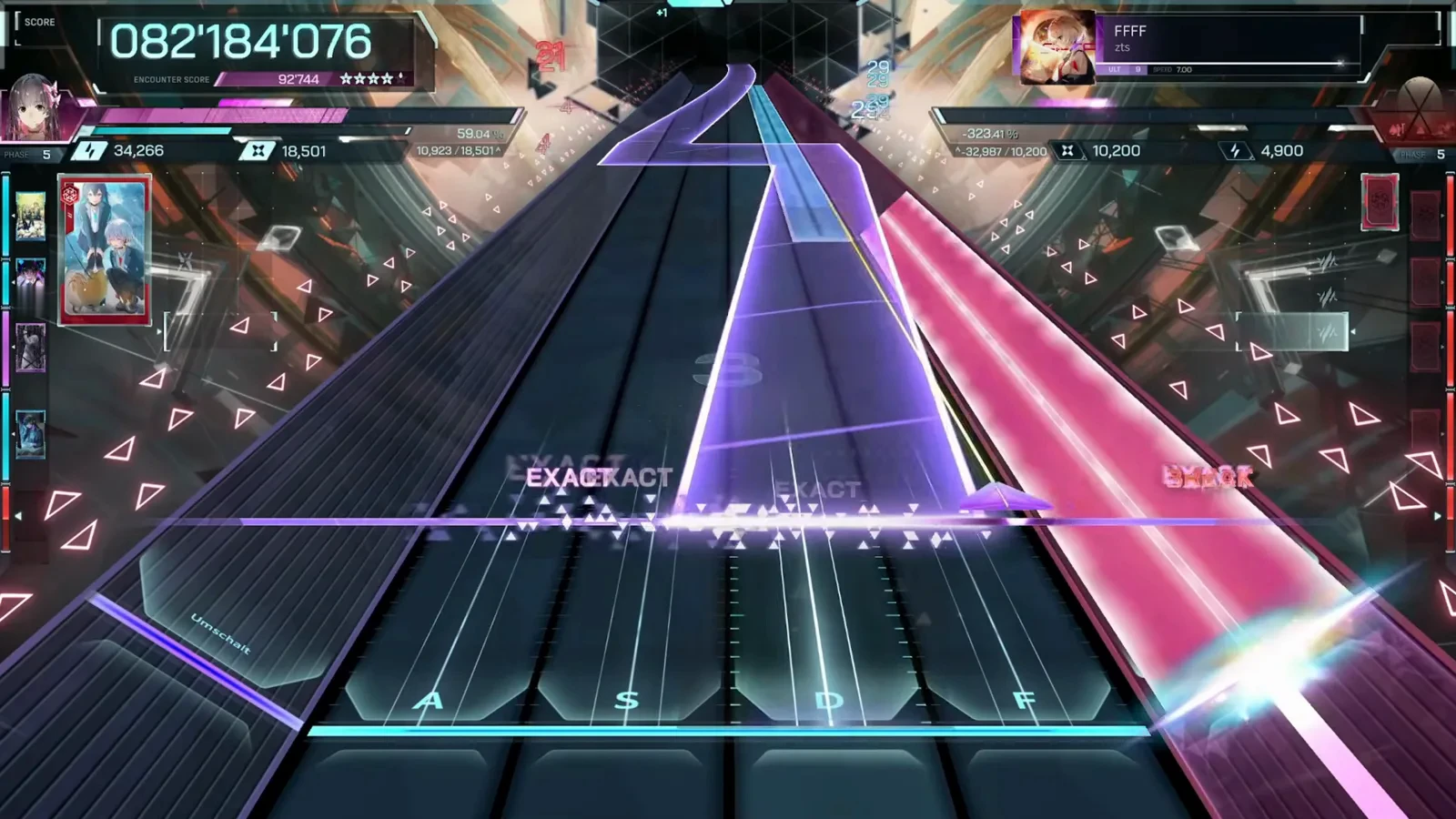 The BREAK that ends it In Falsus FFFF ULT 9 late-song crossing with a violet diagonal into the F lane against a wide pink beam and a pink BREAK posting at the judgement line