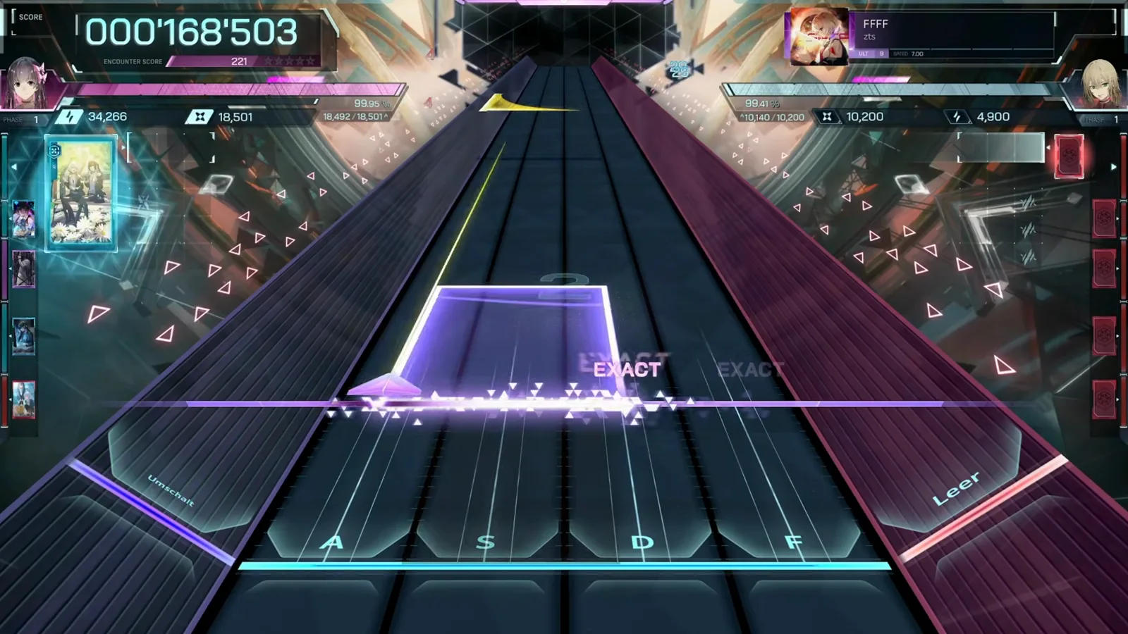 First panel, first EXACTs In Falsus FFFF ULT 9 chart opening with the first violet field panel on the judgement line and an EXACT posting at 000'168'503