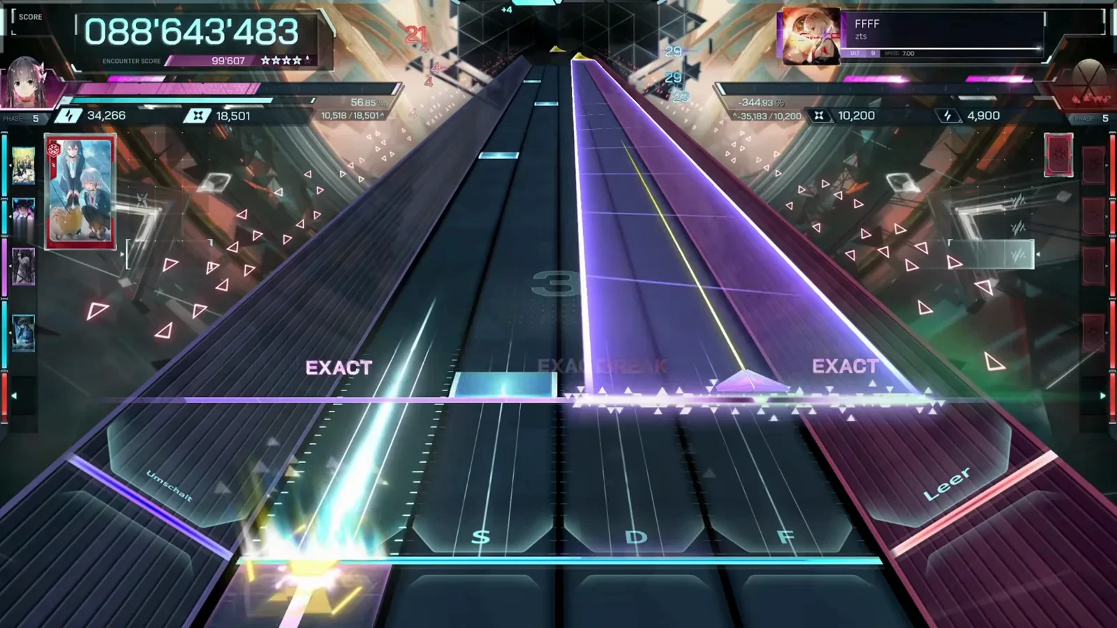 The side-lane flick In Falsus FFFF ULT 9 cyan tap and gold flick burst in the Umschalt side lane beside a wide violet hold panel judged EXACT at 088'643'483