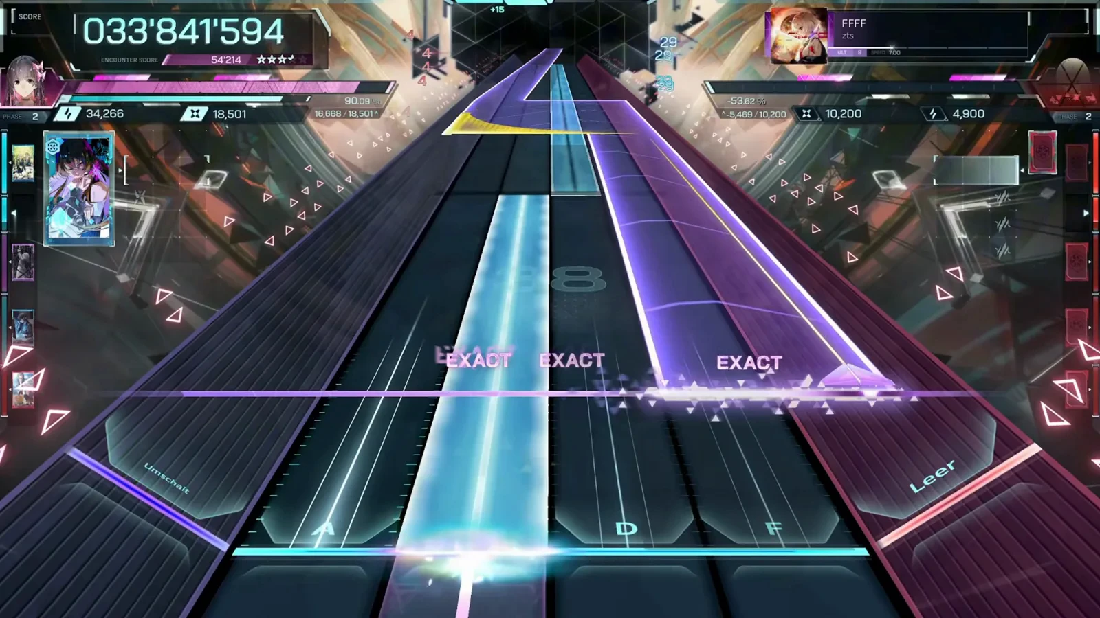 Twin crossing streams In Falsus FFFF ULT 9 twin crossing streams with a cyan-white hold down the A lane and a violet diagonal from the right, both EXACT at the line