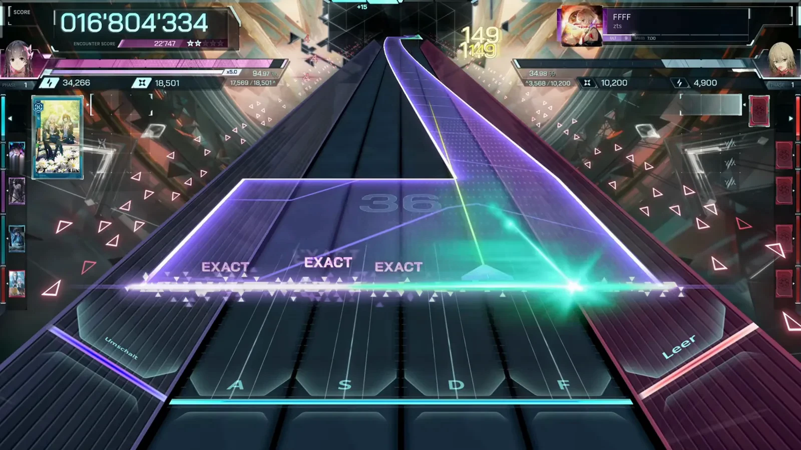 The full-width panel In Falsus FFFF ULT 9 full-width violet field panel spanning lanes A to F with three EXACT judgements and a teal burst at its right edge