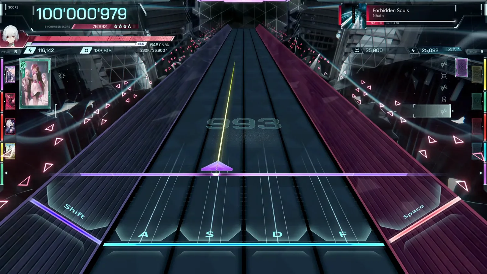 993 on the empty highway In Falsus Forbidden Souls FBD 11 empty highway with the chart total 993 watermarked across the lanes and the HUD frozen at 100'000'979