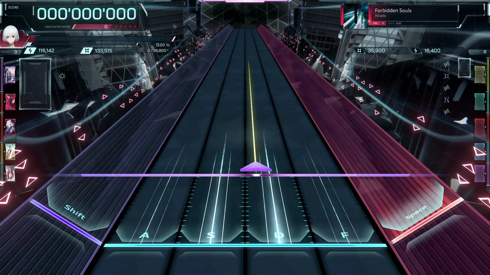 Staged at 000'000'000 In Falsus Forbidden Souls FBD 11 dive staged on an empty highway at SCORE 000'000'000 with the in-play song panel showing the FBD 11 chip and SPEED 4.30
