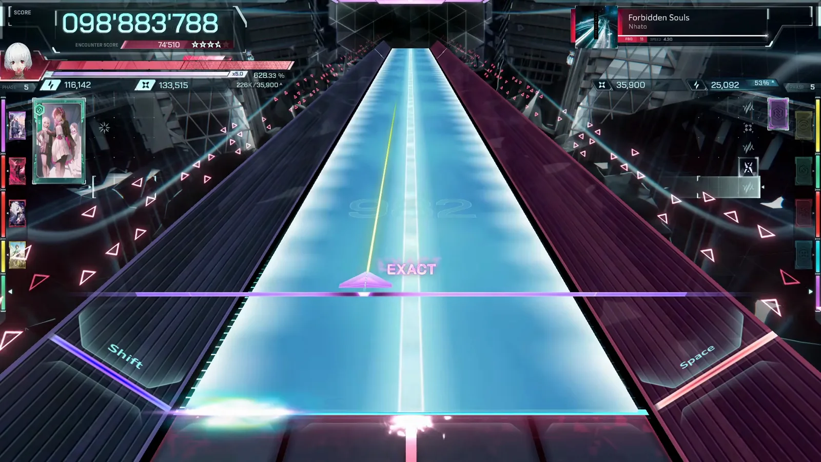 The final sweep In Falsus Forbidden Souls FBD 11 finale with a full-width white cyan beam spanning Shift to Space and an EXACT tag at score 098'883'788
