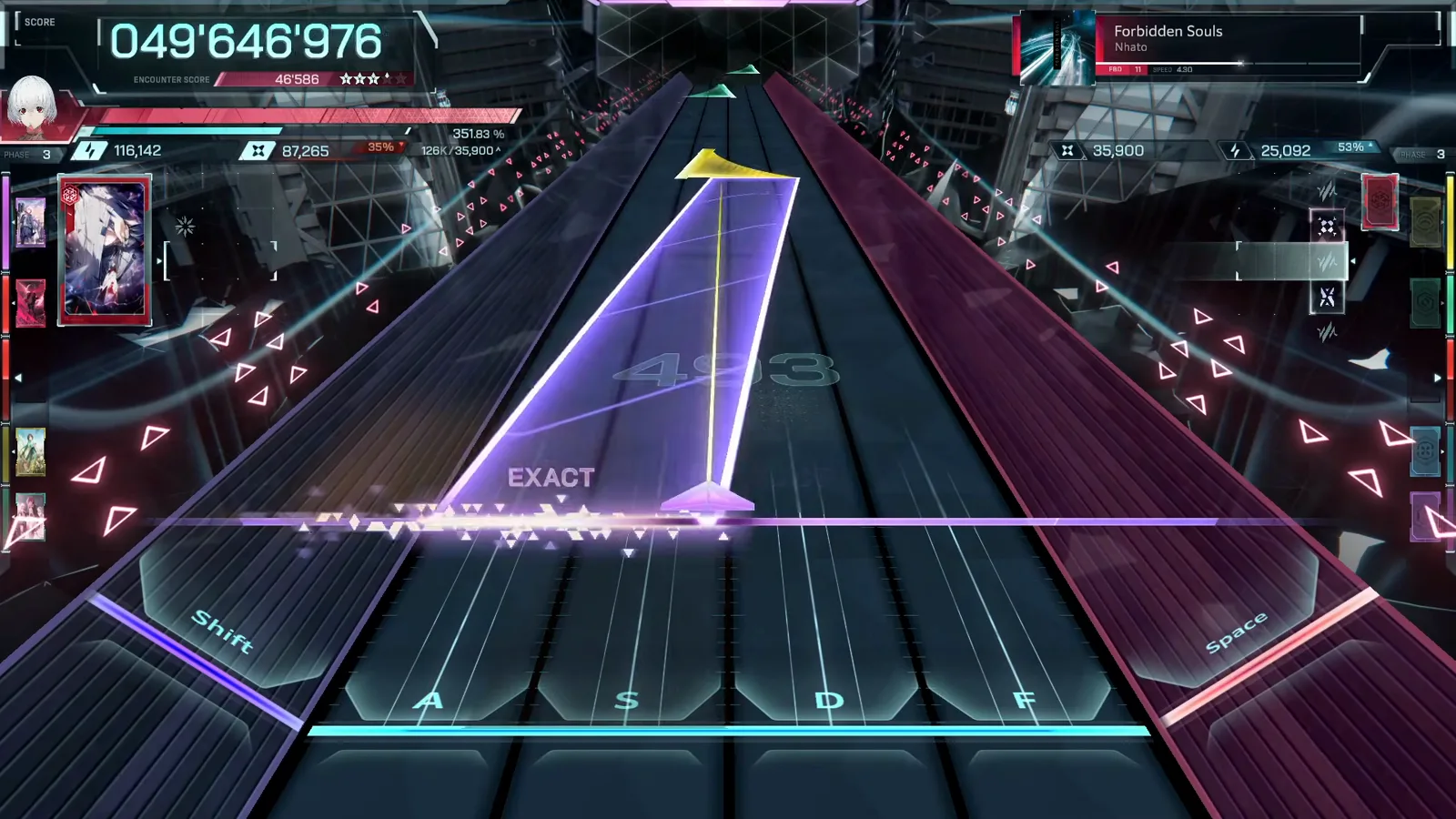 The long violet slab In Falsus Forbidden Souls FBD 11 translucent violet slab running from a gold flick triangle down onto the judgement line at score 049'646'976