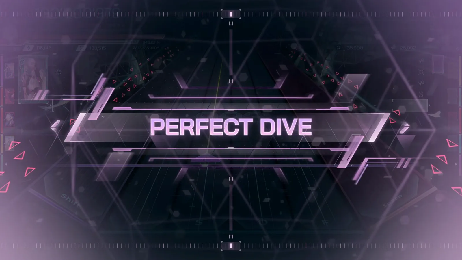 PERFECT DIVE In Falsus Forbidden Souls FBD 11 PERFECT DIVE banner in glowing pink lettering over the hexagonal overlay after the final note