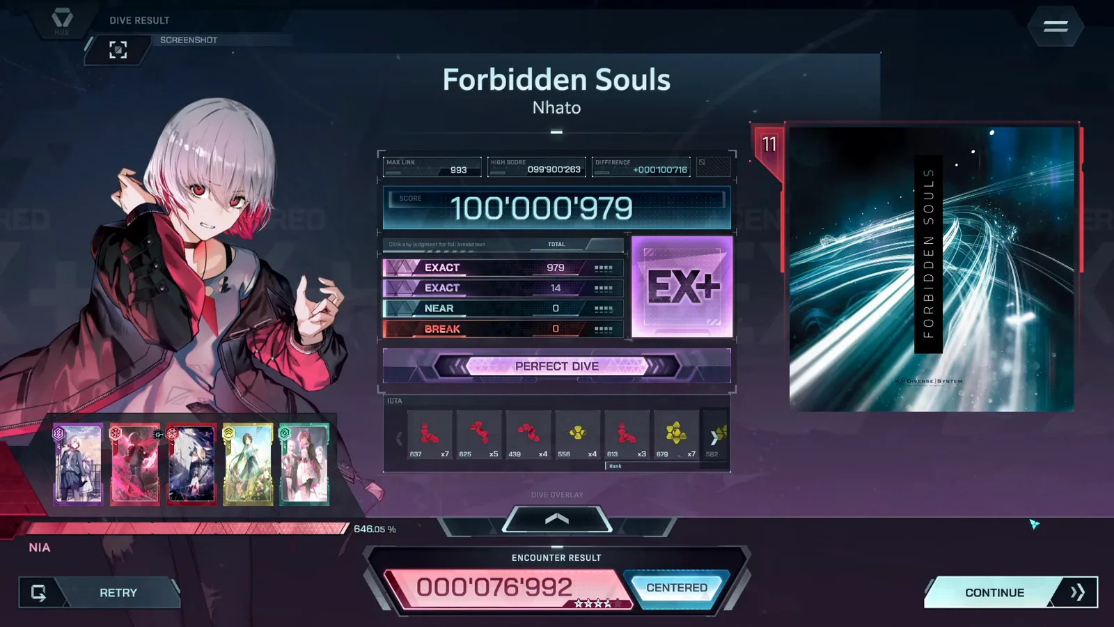 EX+ at 100'000'979 In Falsus Forbidden Souls FBD 11 DIVE RESULT card showing SCORE 100'000'979 with rank EX+, MAX LINK 993, EXACT 979 + 14, NEAR 0, BREAK 0 and the PERFECT DIVE strip