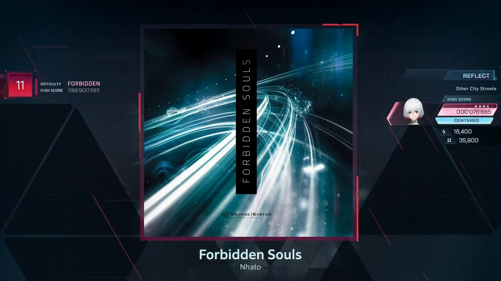 DIFFICULTY FORBIDDEN 11 In Falsus Forbidden Souls song detail screen with a red 11 badge beside DIFFICULTY FORBIDDEN and HIGH SCORE 099'900'263 over the Nhato jacket art