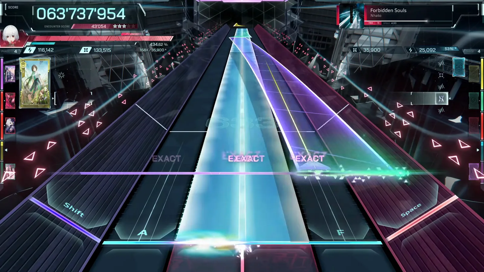 Cyan beam, violet cross In Falsus Forbidden Souls FBD 11 wide cyan field beam flooding the center lanes with a violet beam crossing in from the right at score 063'737'954
