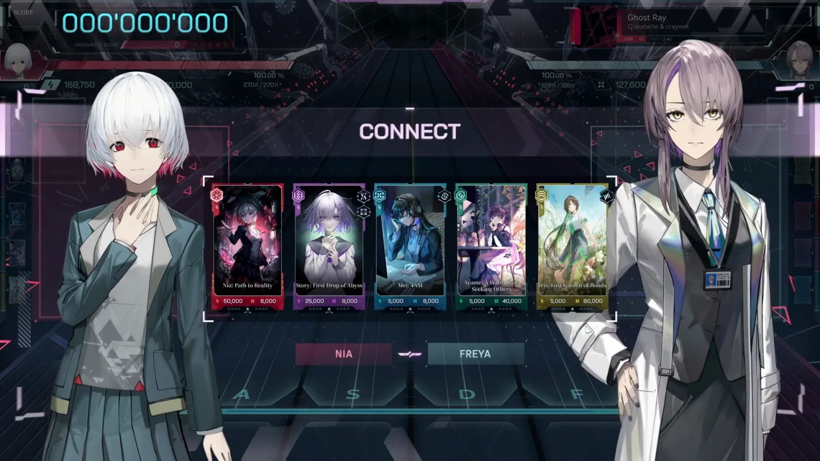 CONNECT: NIA vs FREYA CONNECT splash of Ghost Ray FBD 10 in In Falsus: NIA versus FREYA with five named crew cards staged between them