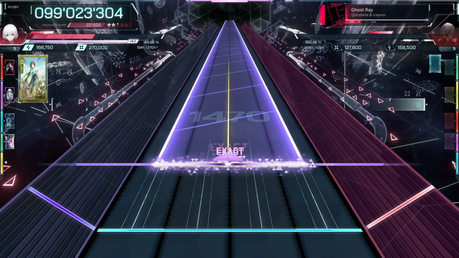 Endgame triangle, counter 1470 Violet triangle wall at counter 1470, 099'023'304 on the HUD — the endgame of Ghost Ray FBD 10 in In Falsus