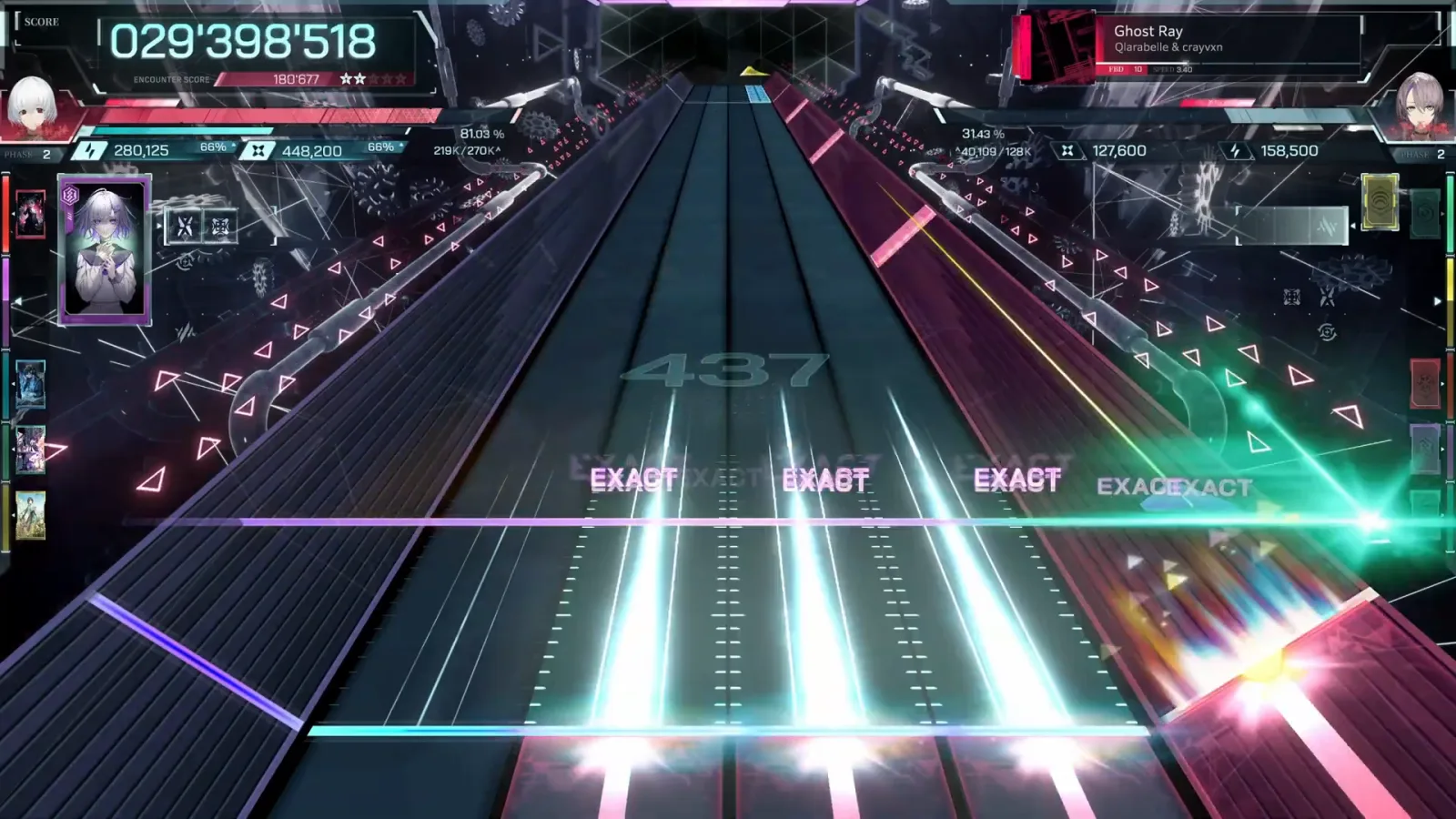 Five EXACT columns Five EXACT tags across the middle lanes at counter 437, green flick fan on the right — Ghost Ray FBD 10 in In Falsus
