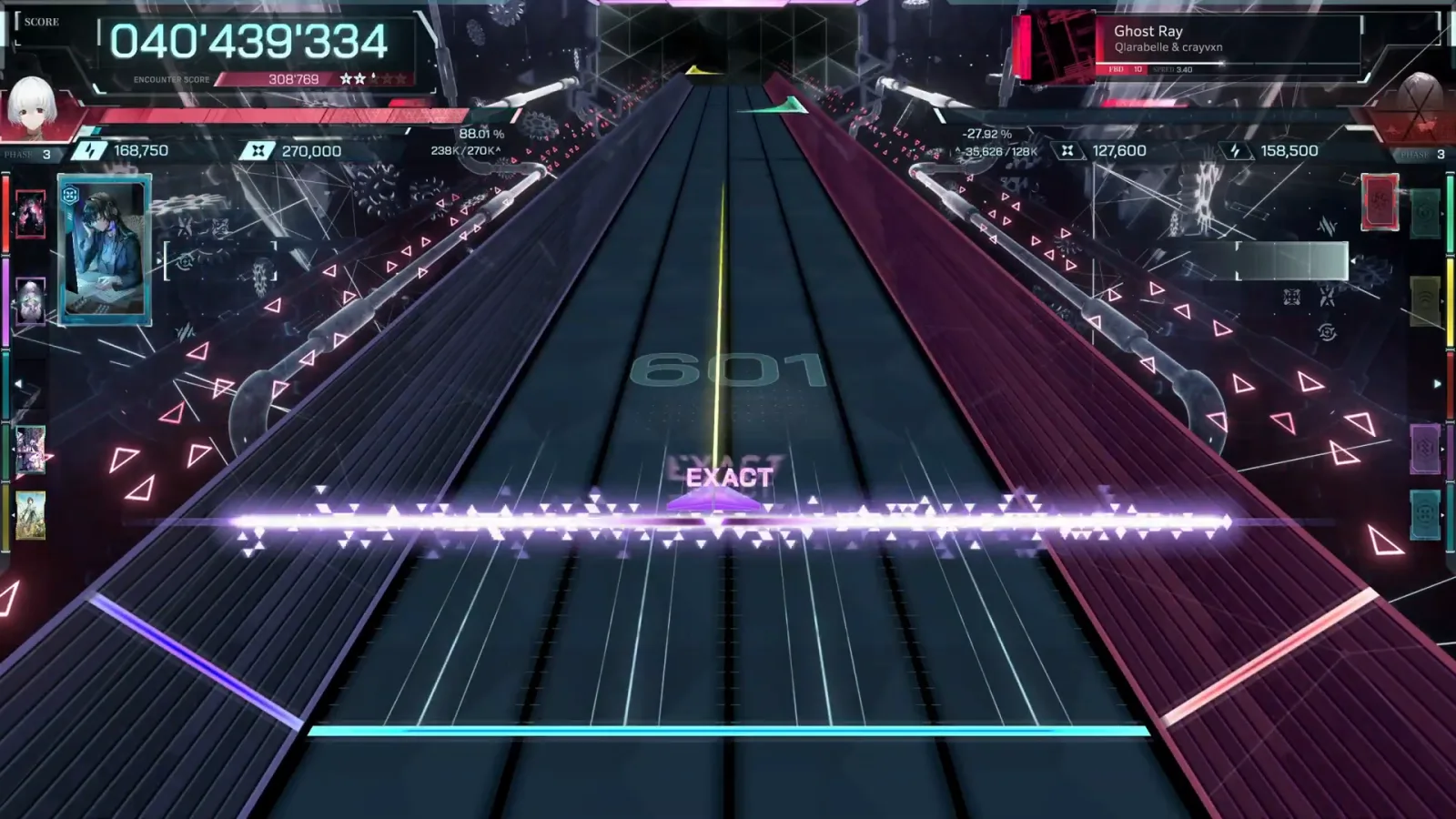 The full-width flash, PHASE 3 Full-width violet judgement flash at 040'439'334, counter 601 — Ghost Ray FBD 10's densest beat taken for EXACT