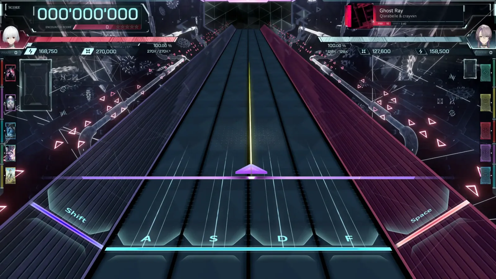 Highway staged, FBD 10 at SPEED 3.40 In Falsus Ghost Ray FBD 10 highway staged at 000'000'000: SPEED 3.40 panel, Shift A S D F Space keys, gauges at 100.00%