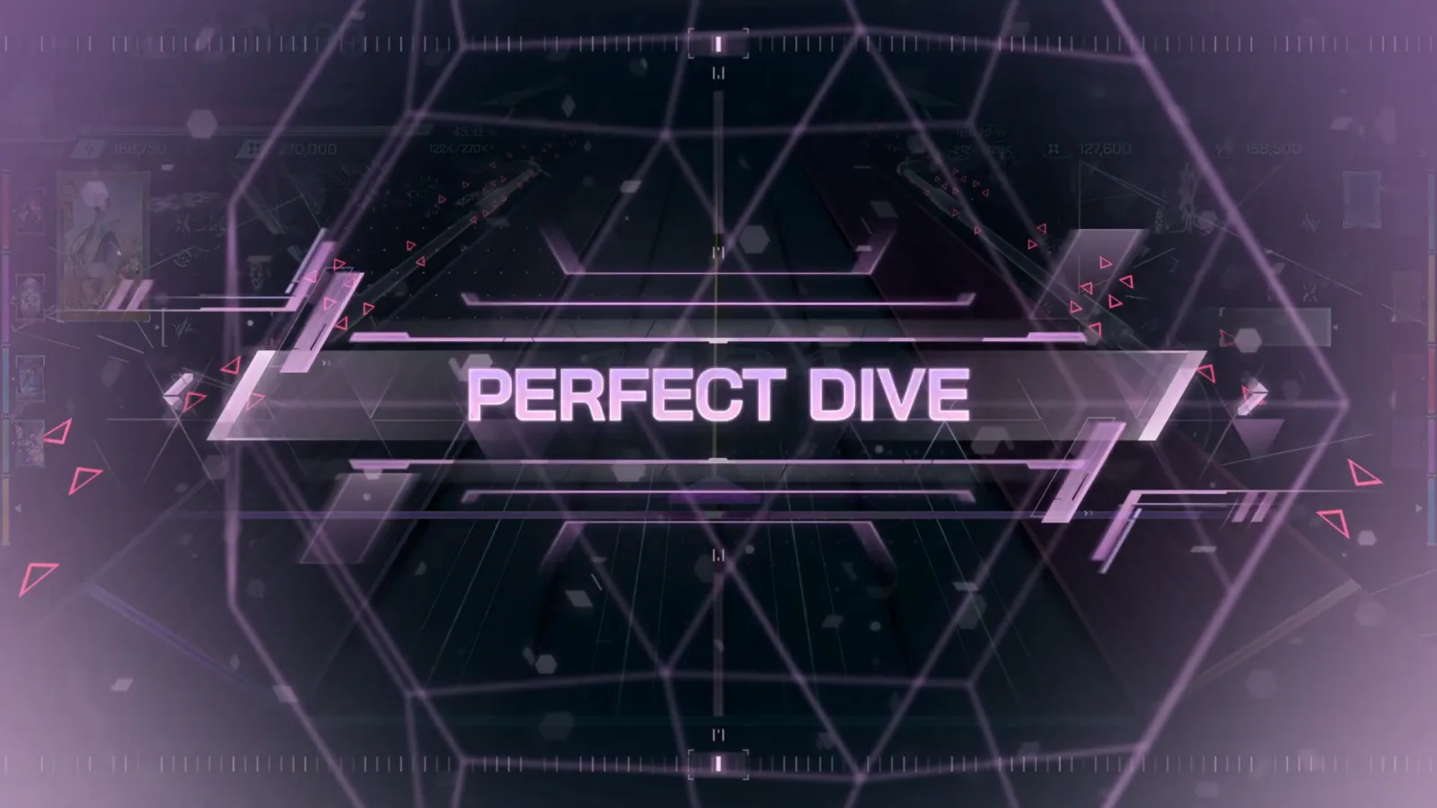 PERFECT DIVE PERFECT DIVE banner white on the violet hex void, HUD dimmed — Ghost Ray FBD 10 ends with zero NEAR, zero BREAK