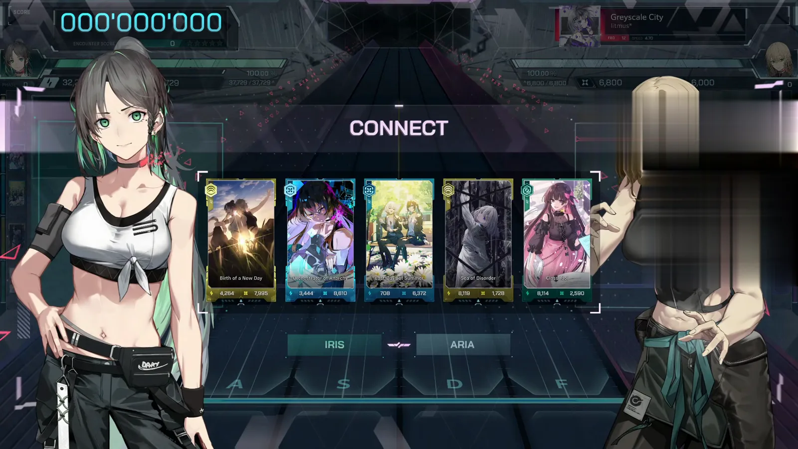 In Falsus CONNECT splash naming divers IRIS and ARIA with five loadout cards for the Greyscale City FBD 12 encounter