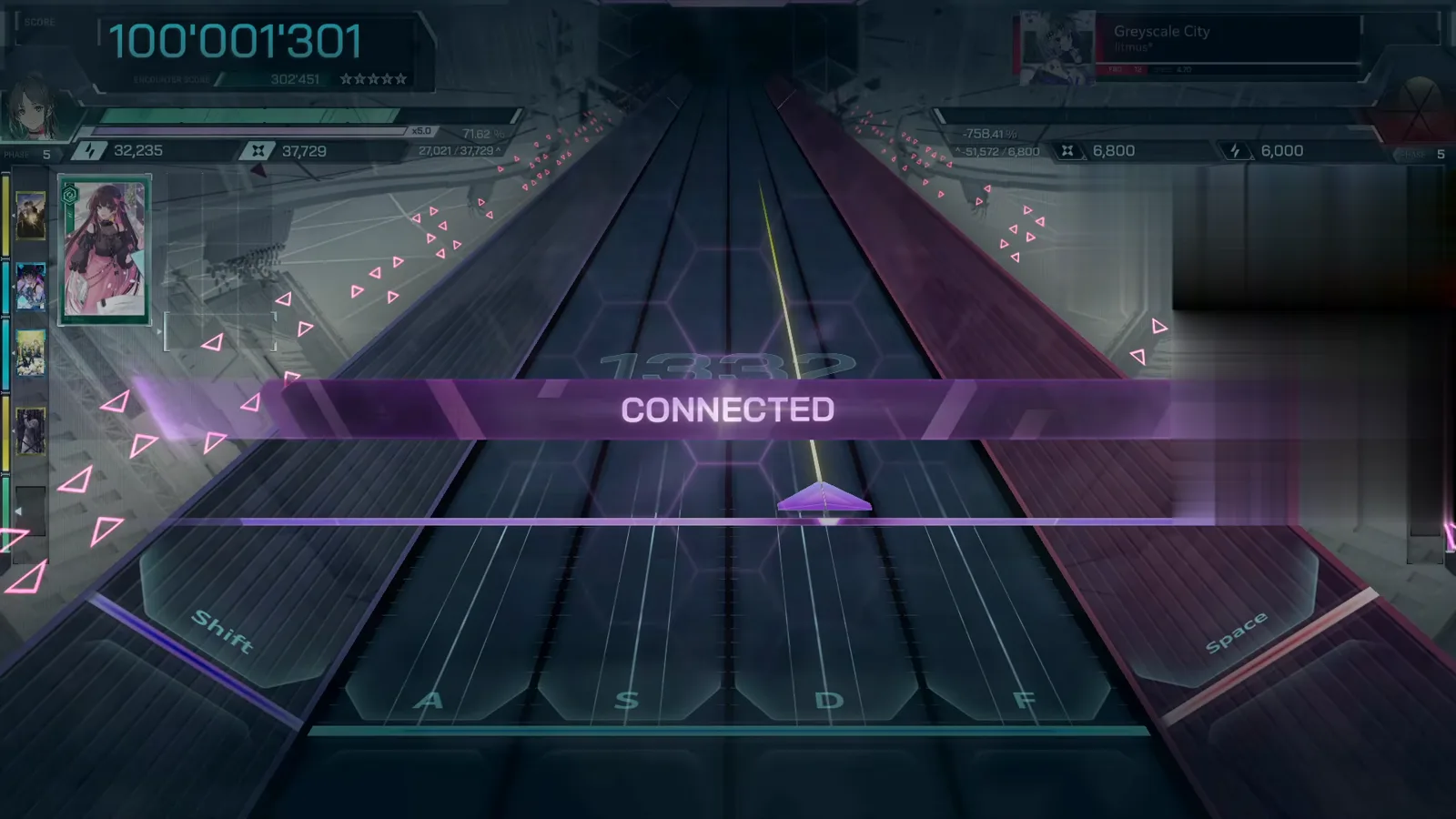 In Falsus CONNECTED banner over the frozen Greyscale City HUD at 100'001'301 and encounter score 302'451