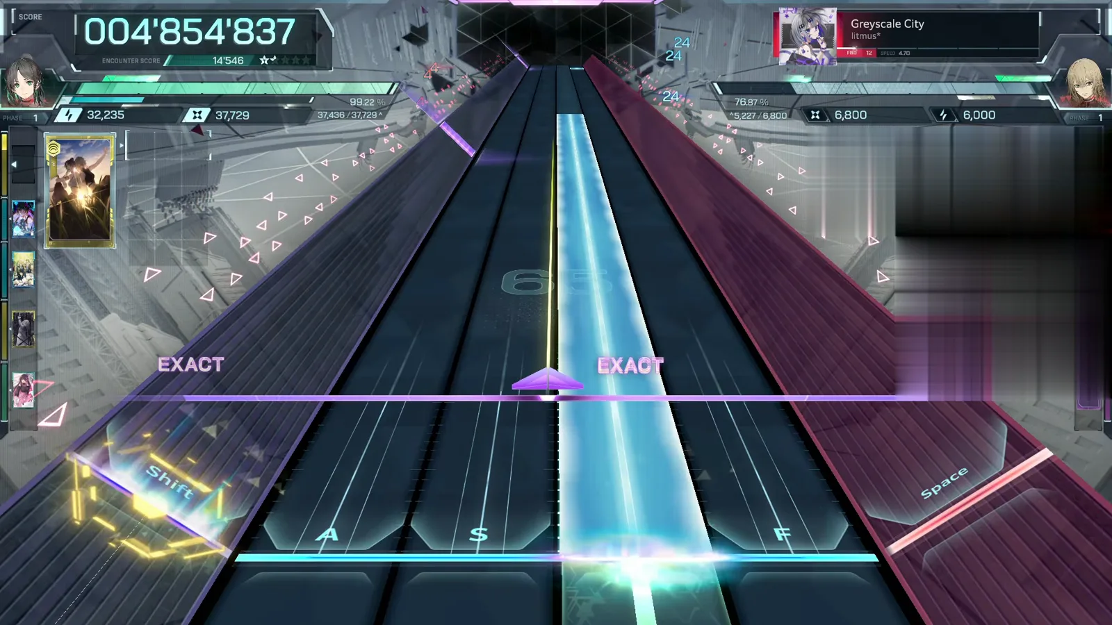 In Falsus Greyscale City FBD 12 wide cyan hold beam crossing the judgement line at watermark 65 and score 004'854'837