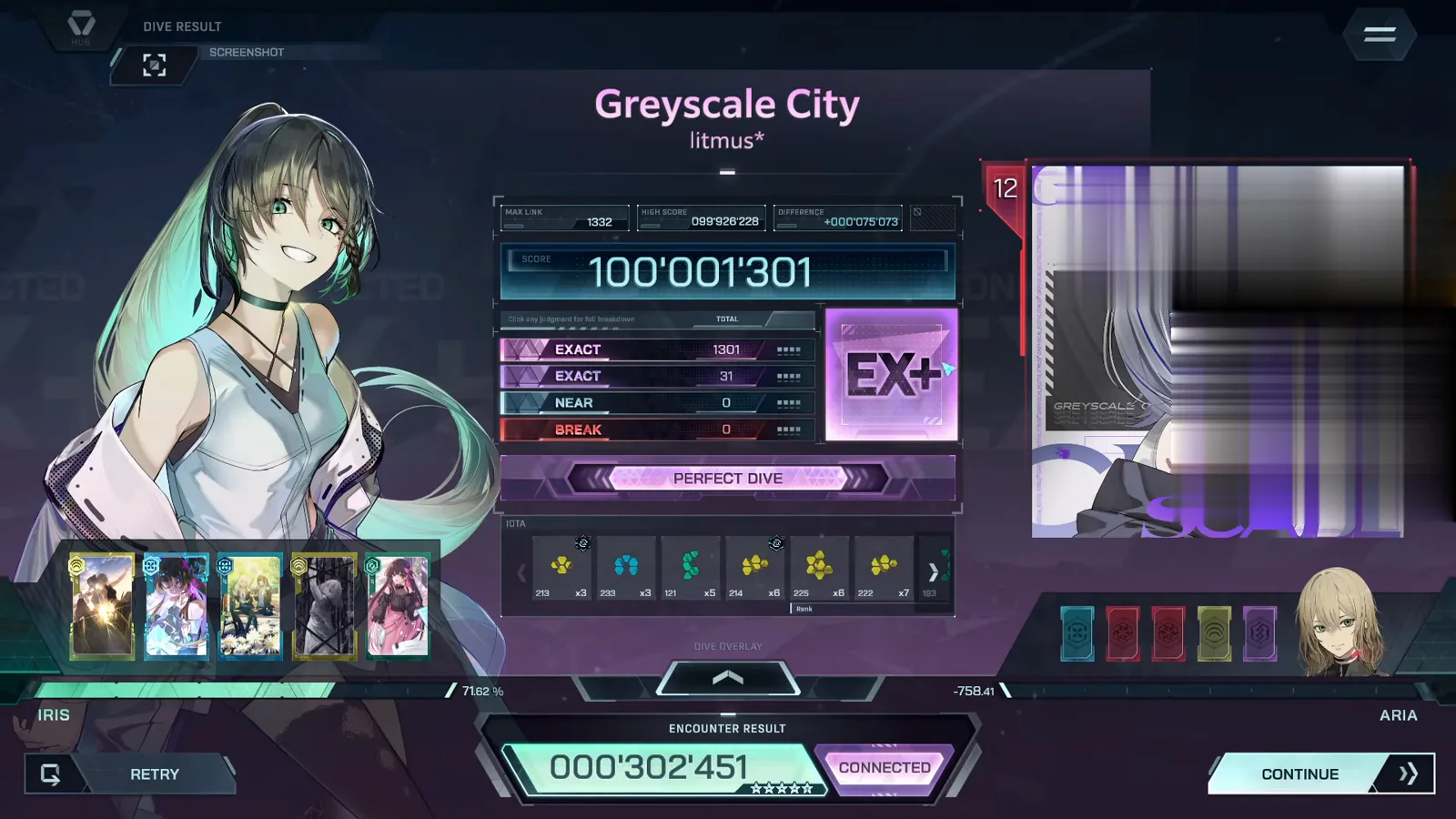 In Falsus DIVE RESULT for Greyscale City FBD 12: rank EX+, MAX LINK 1332, EXACT 1301 + 31, NEAR 0, BREAK 0