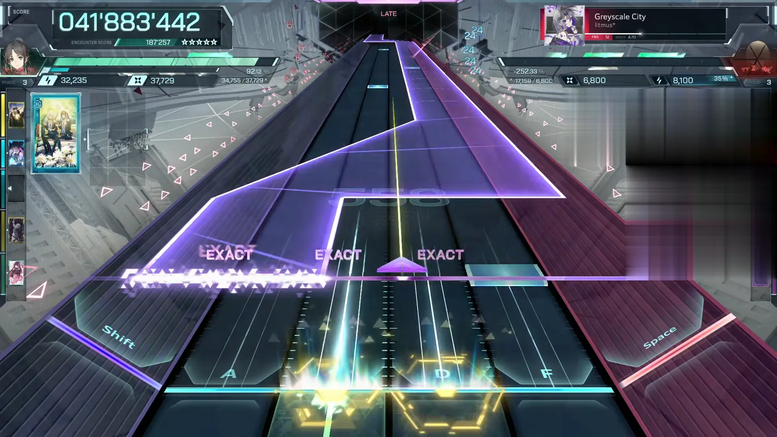 In Falsus Greyscale City FBD 12 asymmetric violet sail spanning the lanes with three EXACT judgements at 041'883'442