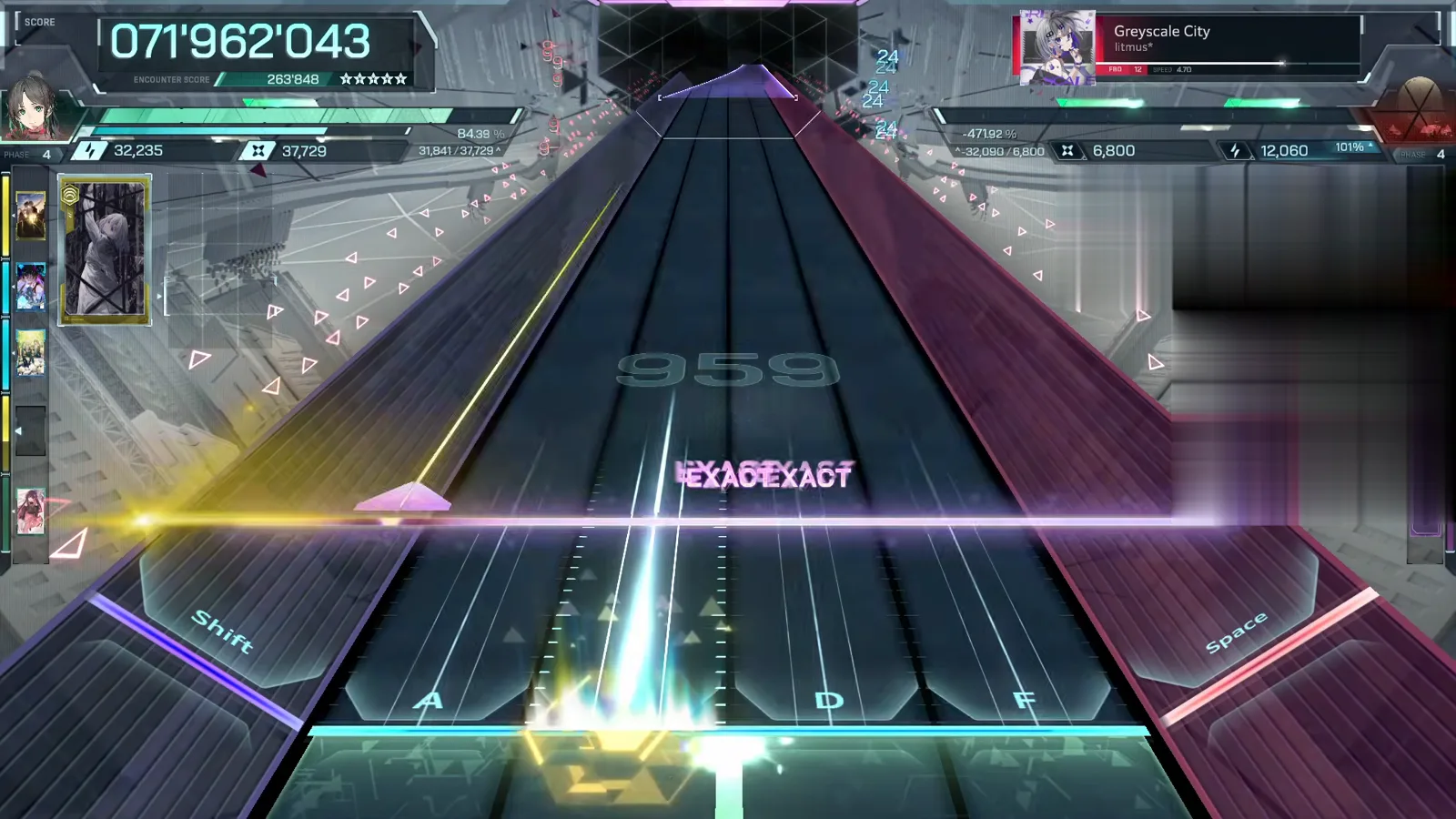 In Falsus Greyscale City FBD 12 yellow flick streaks crossing a full EXACT row at 071'962'043 with chain watermark 959
