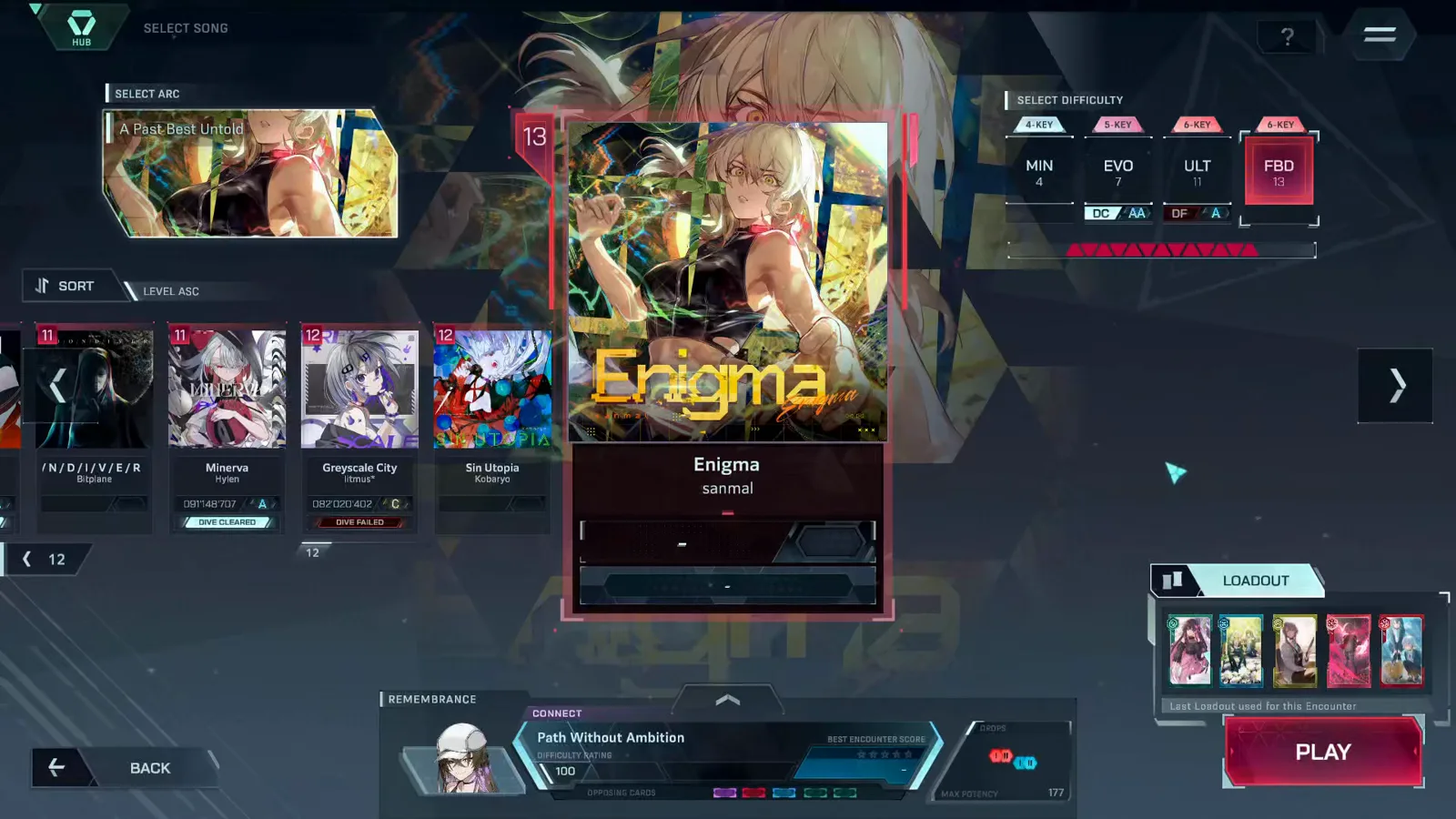 インファルサスの楽曲選択で sanmal の Enigma をプレビュー。FBD タブが選択され、ジャケットにレベル13のバッジ