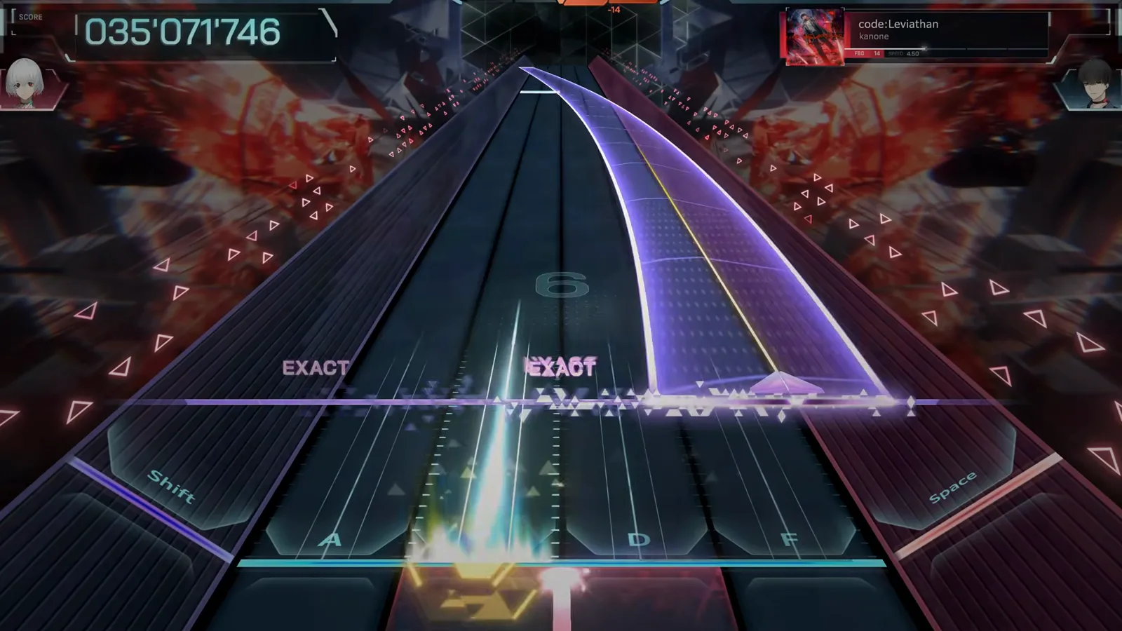 In Falsus code:Leviathan FBD 14 のプレイ画面：赤い Anomaly 状態のもと、曲がった紫の Field ビームがレーンストリームを横切り、スコアは 035'071'746