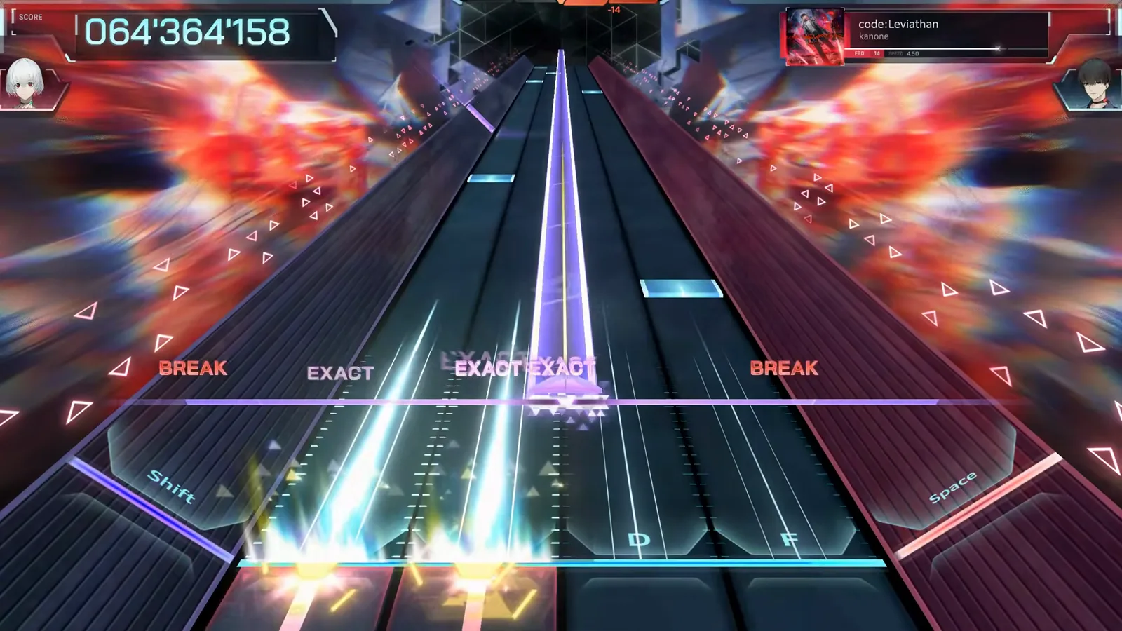 In Falsus code:Leviathan FBD 14 の終盤：BREAK 判定が白と金のストリームの壁の上に積み重なる、スコア 064'364'158