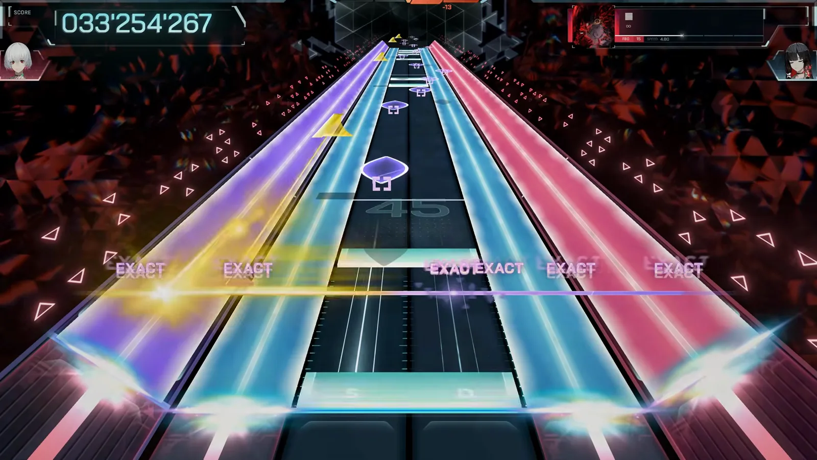 In Falsus 隠し曲 FBD 15 のプレイ画面：全幅の紫の Field スイープが 4 本のレーンストリームを横切り、スコアは 033'254'267