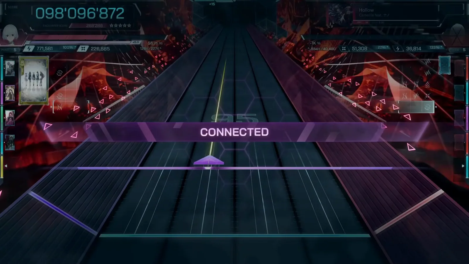 CONNECTED 프리즈 In Falsus의 CONNECTED 배너가 Hollow FBD 14의 빈 하이웨이를 미끄러지고 ENCOUNTER SCORE 268,286가 별 다섯 개 위에 걸리며 NIA의 게이지는 55.75%
