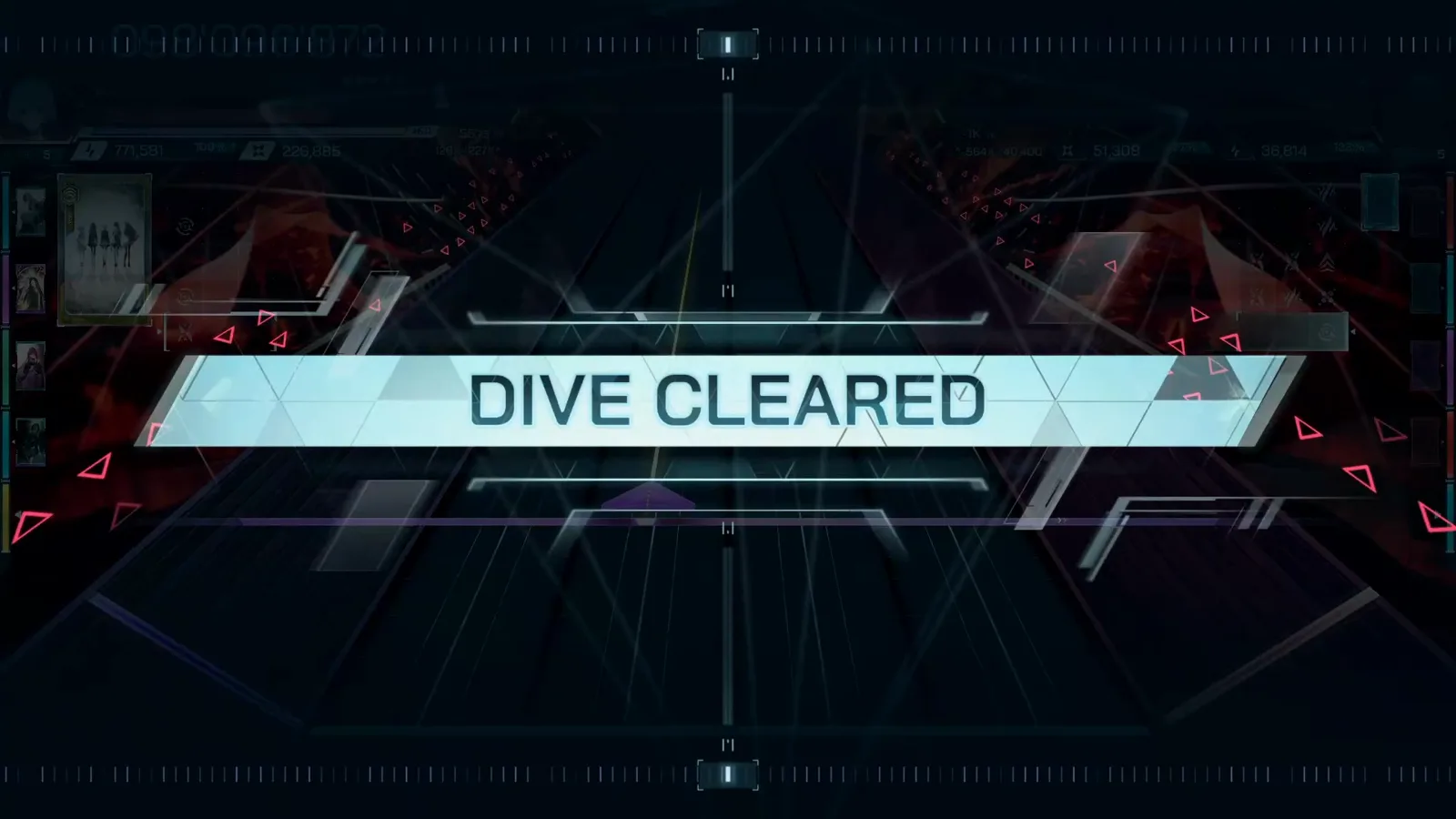DIVE CLEARED In Falsus의 육각형 DIVE CLEARED 배너가 Hollow FBD 14 위에 걸리고 아래 플레이 HUD는 흐려진 채 098'096'872에서 얼어붙음
