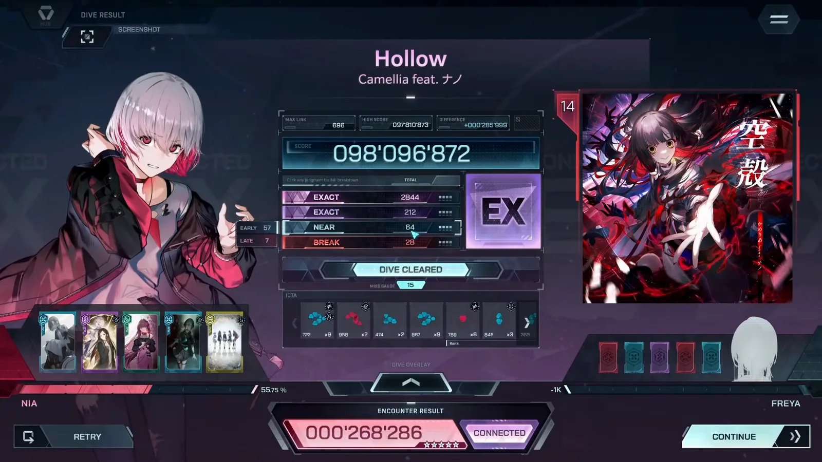 리절트 카드, 랭크 EX In Falsus의 Hollow FBD 14 리절트 카드: 랭크 EX, 점수 098'096'872, MAX LINK 696, HIGH SCORE 097'810'873, DIFFERENCE +000'285'999, EXACT 2844 + 212, NEAR 64, BREAK 28, ENCOUNTER RESULT 000'268'286