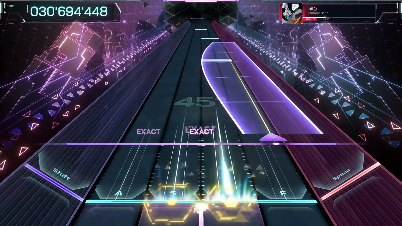 The curved panel In Falsus init() FBD 11 translucent violet panel arcing across the right half of the highway while gold field cells light the S, D and F lanes at 030'694'448