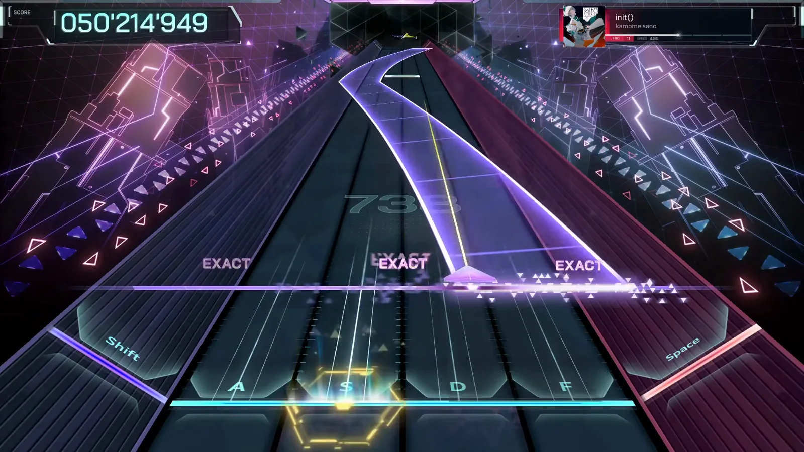 The S-curved hold In Falsus init() FBD 11 violet hold ribbon sweeping an S-curve from the centre lane to the right with three EXACT judgements posting, HUD at 050'214'949