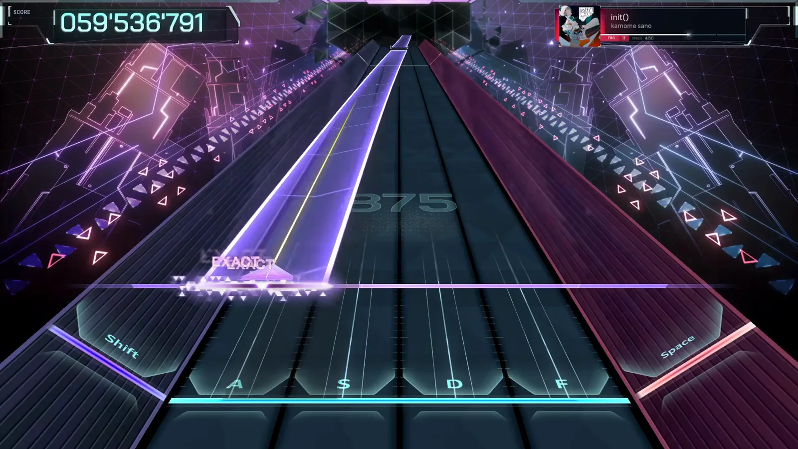 The full diagonal In Falsus init() FBD 11 violet beam crossing the full highway diagonally from top centre to the bottom left lane, judged EXACT twice at 059'536'791