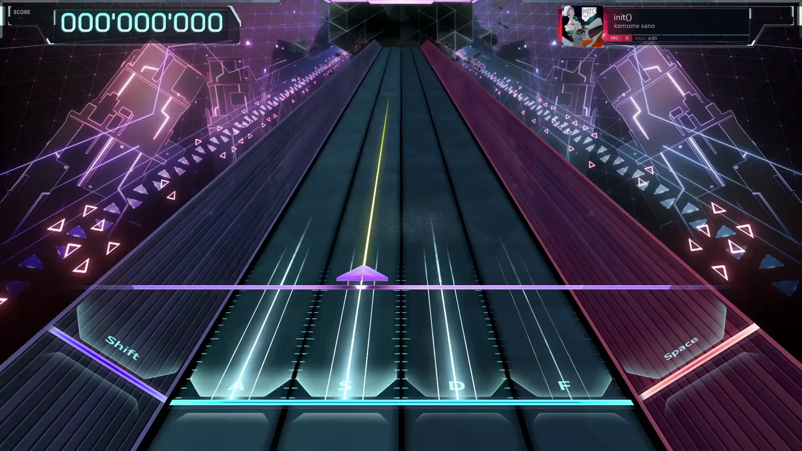 The empty highway, staged In Falsus init() FBD 11 dive staged on an empty highway at SCORE 000'000'000 with the Shift, A, S, D, F and Space lane keys lit and the in-play song panel reading SPEED 4.50