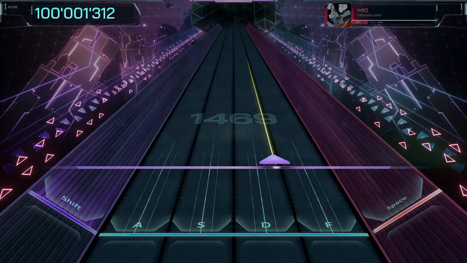 The last note — 1469 In Falsus init() FBD 11 emptied highway with the total note count 1469 watermarked across the lanes as the final note lands with the HUD at 100'001'312